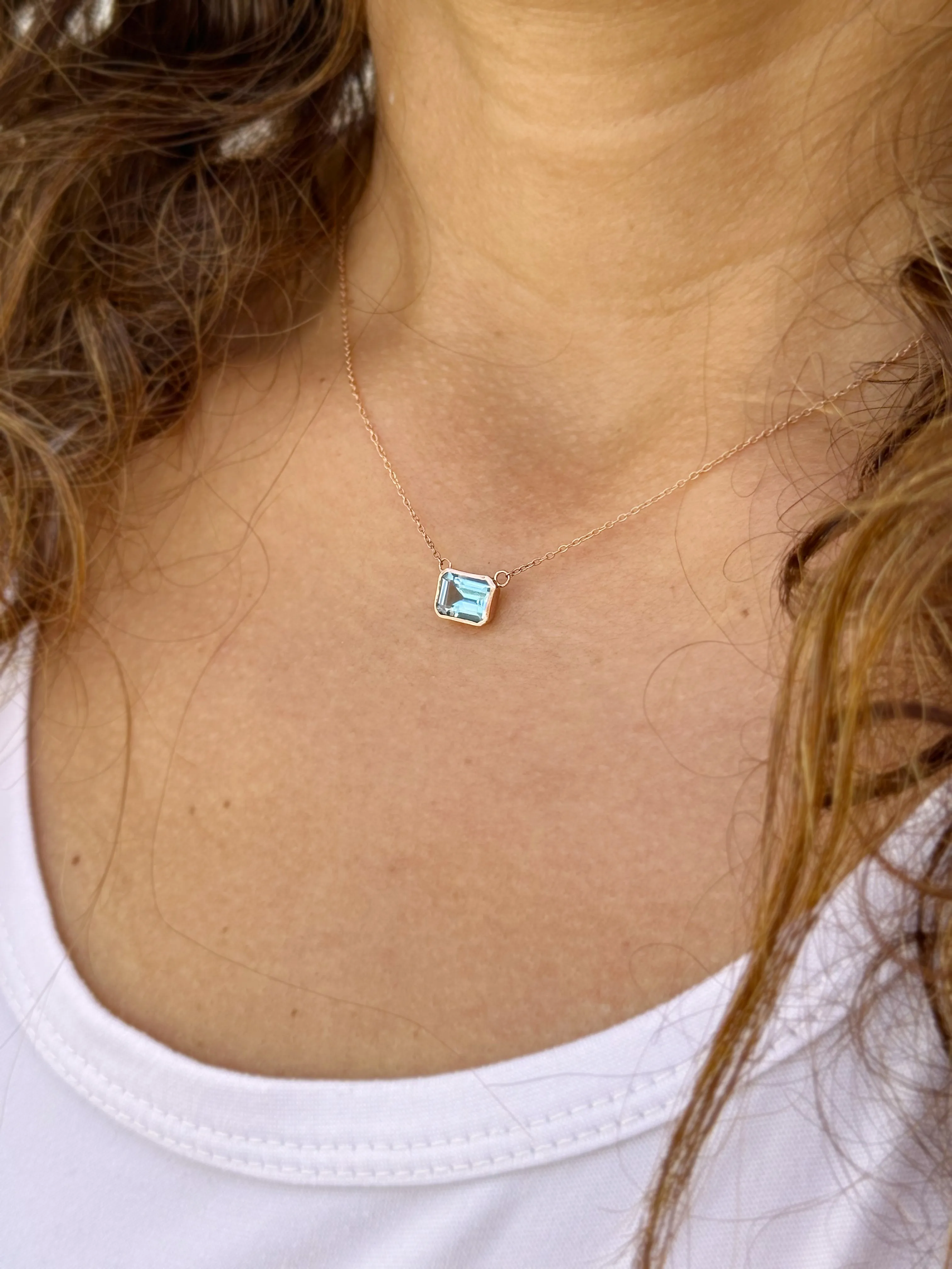 Emerald Cut Natural Blue Topaz Bezel Solitaire Necklace Chain Pendant Minimalist Dainty 14k Solid Rose Gold Bridal Anniversary Gift 2.00ct