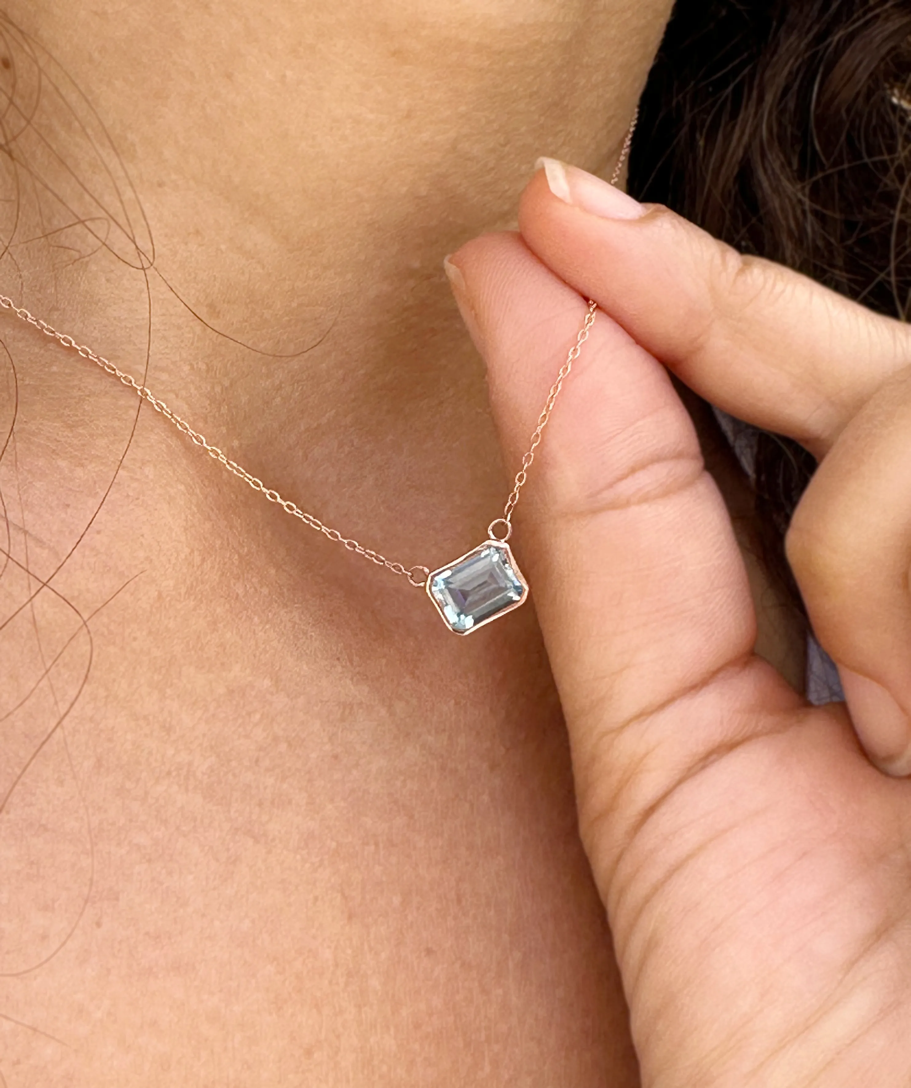Emerald Cut Natural Blue Topaz Bezel Solitaire Necklace Chain Pendant Minimalist Dainty 14k Solid Rose Gold Bridal Anniversary Gift 2.00ct