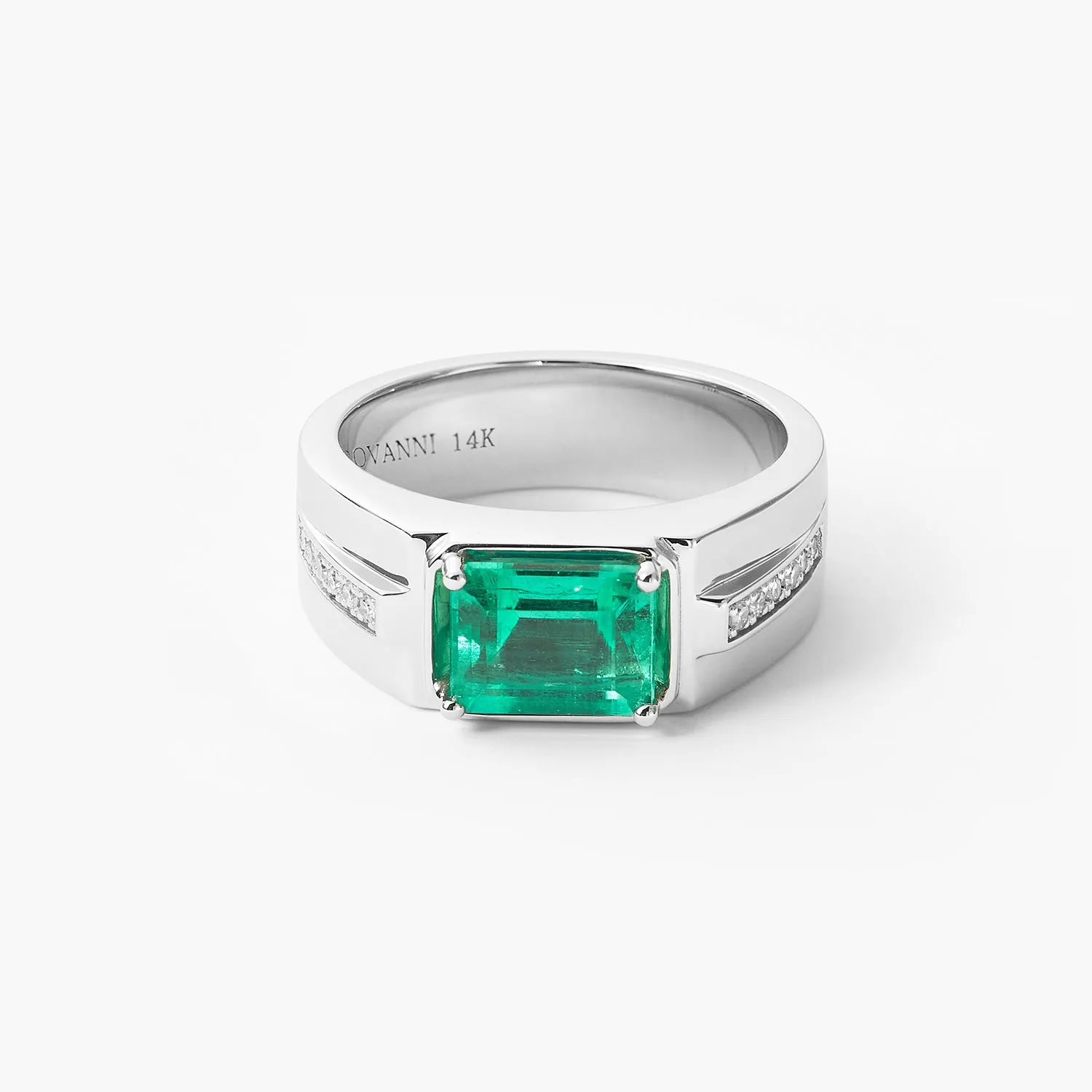 Emerald-cut Natural Emerald and Diamond Man's Ring in 14k Yellow Gold