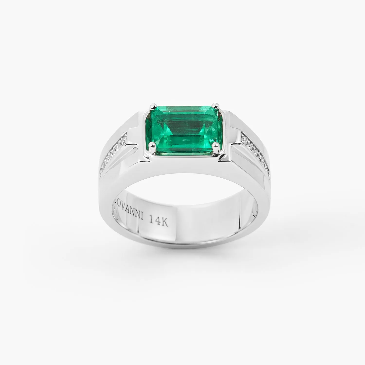 Emerald-cut Natural Emerald and Diamond Man's Ring in 14k Yellow Gold