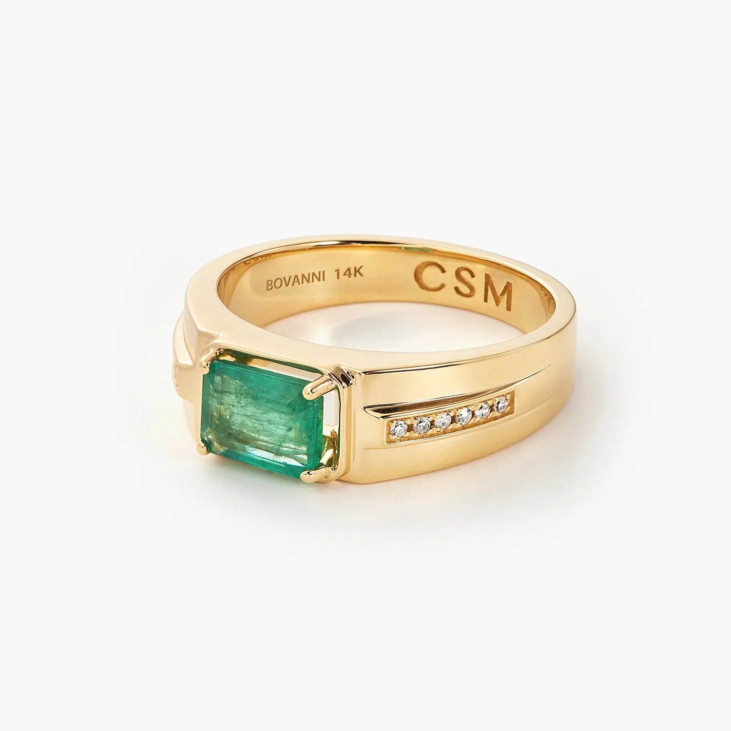 Emerald-cut Natural Emerald and Diamond Man's Ring in 14k Yellow Gold
