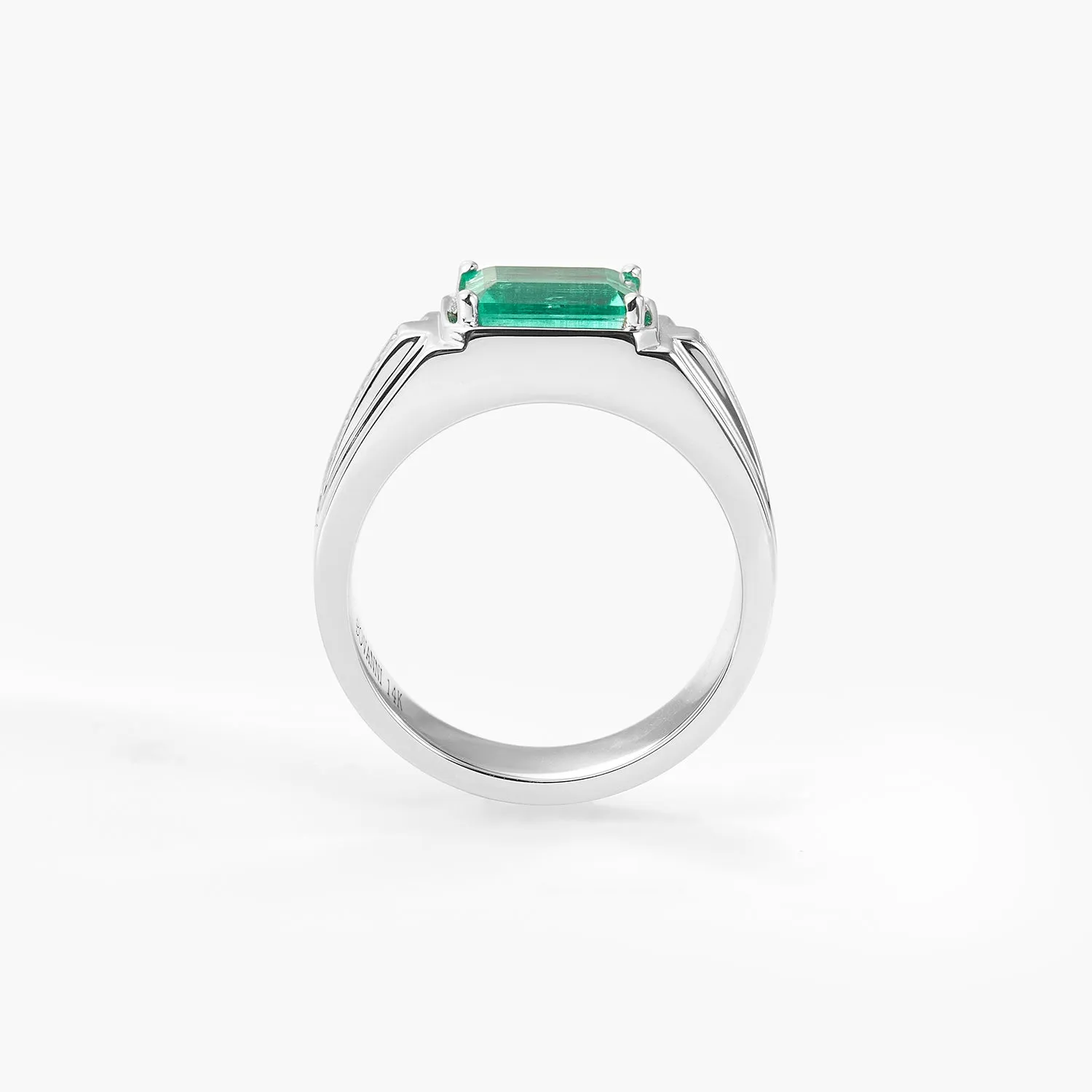 Emerald-cut Natural Emerald and Diamond Man's Ring in 14k Yellow Gold