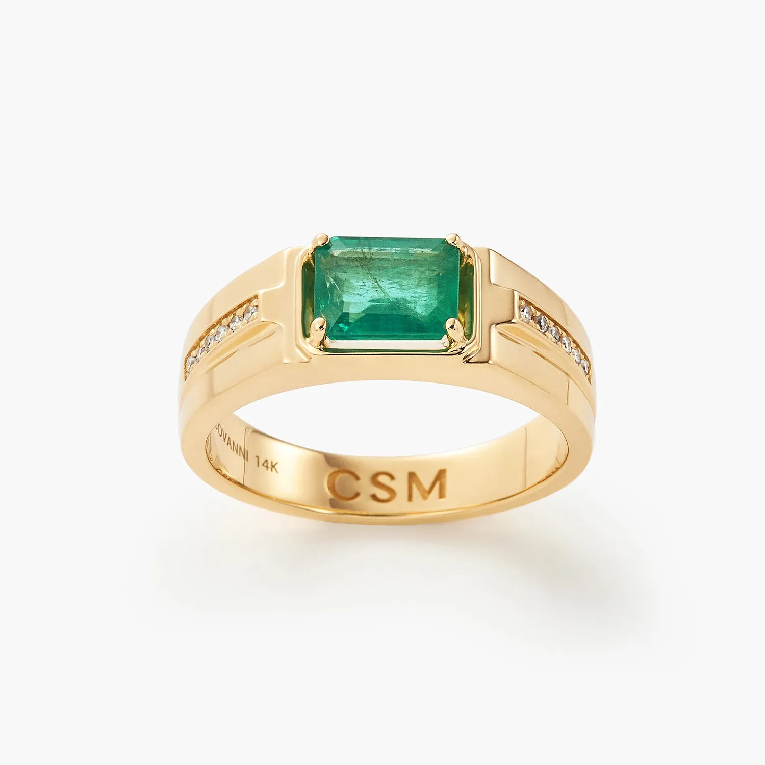 Emerald-cut Natural Emerald and Diamond Man's Ring in 14k Yellow Gold