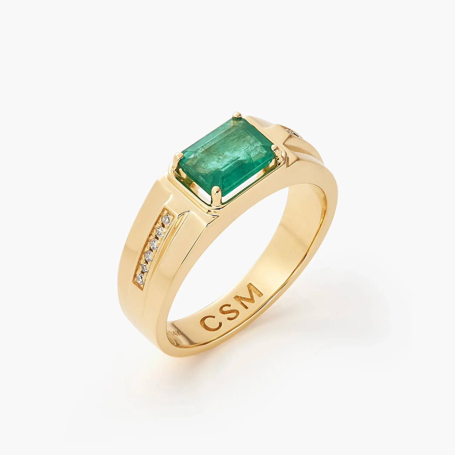 Emerald-cut Natural Emerald and Diamond Man's Ring in 14k Yellow Gold