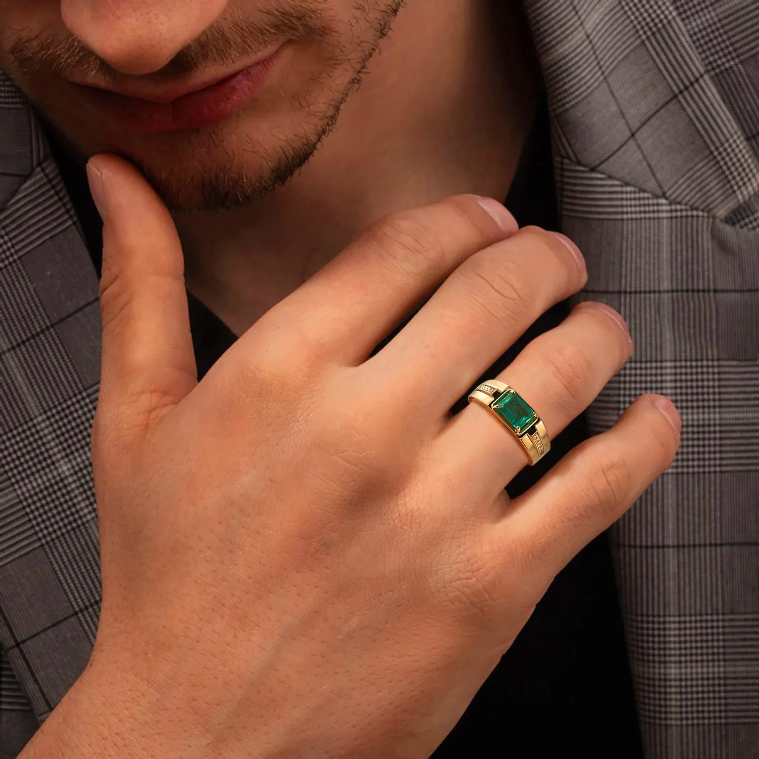 Emerald-cut Natural Emerald and Diamond Man's Ring in 14k Yellow Gold