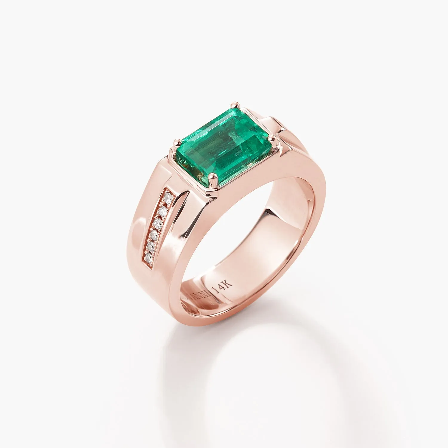 Emerald-cut Natural Emerald and Diamond Man's Ring in 14k Yellow Gold
