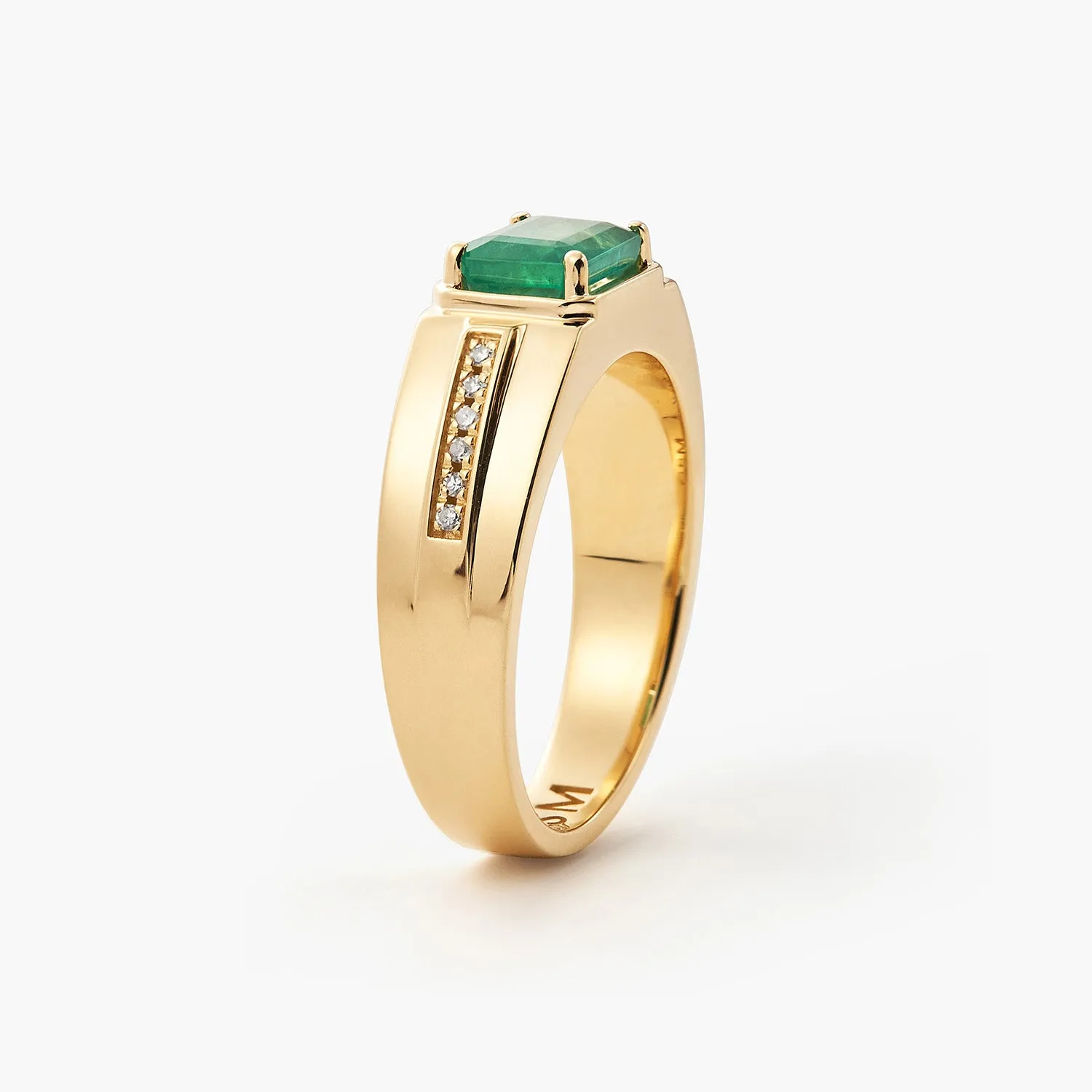 Emerald-cut Natural Emerald and Diamond Man's Ring in 14k Yellow Gold