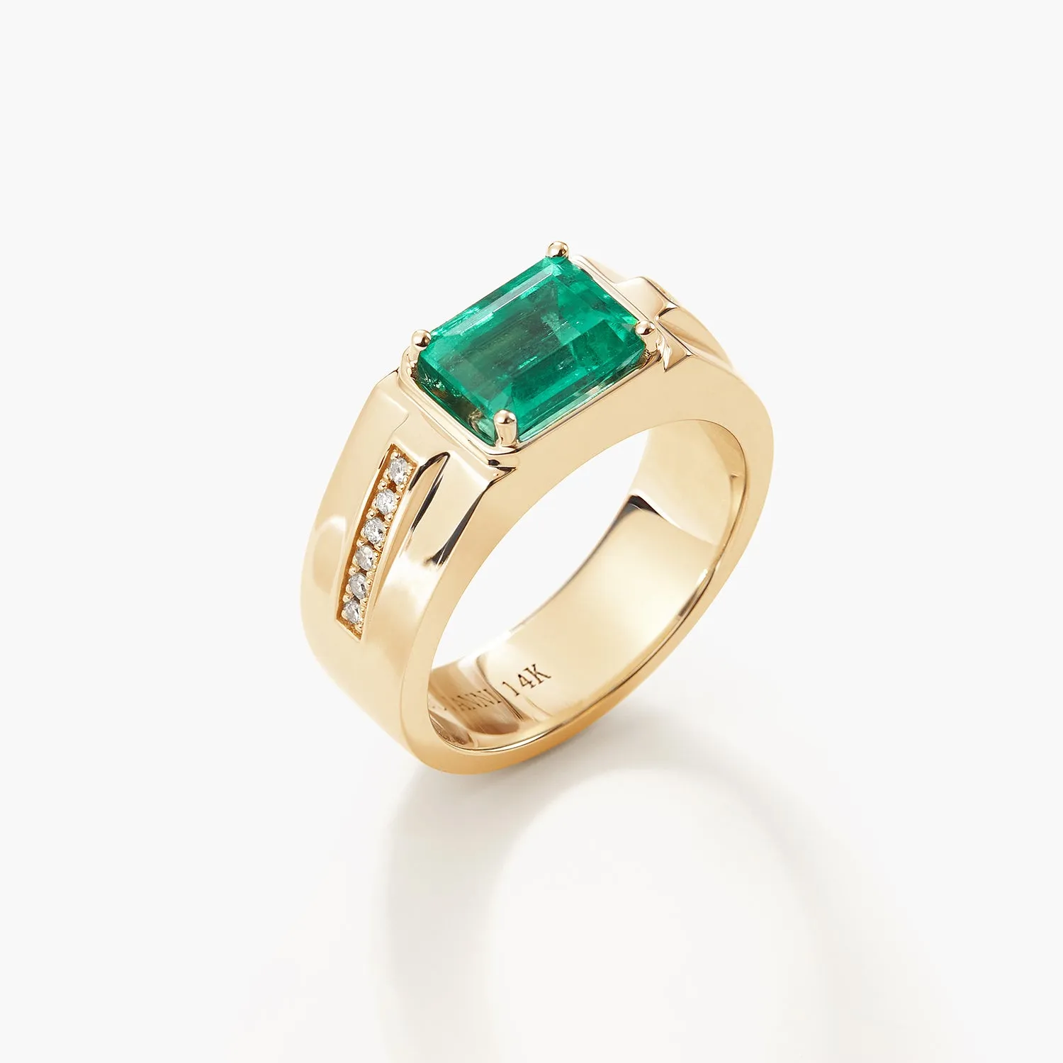 Emerald-cut Natural Emerald and Diamond Man's Ring in 14k Yellow Gold