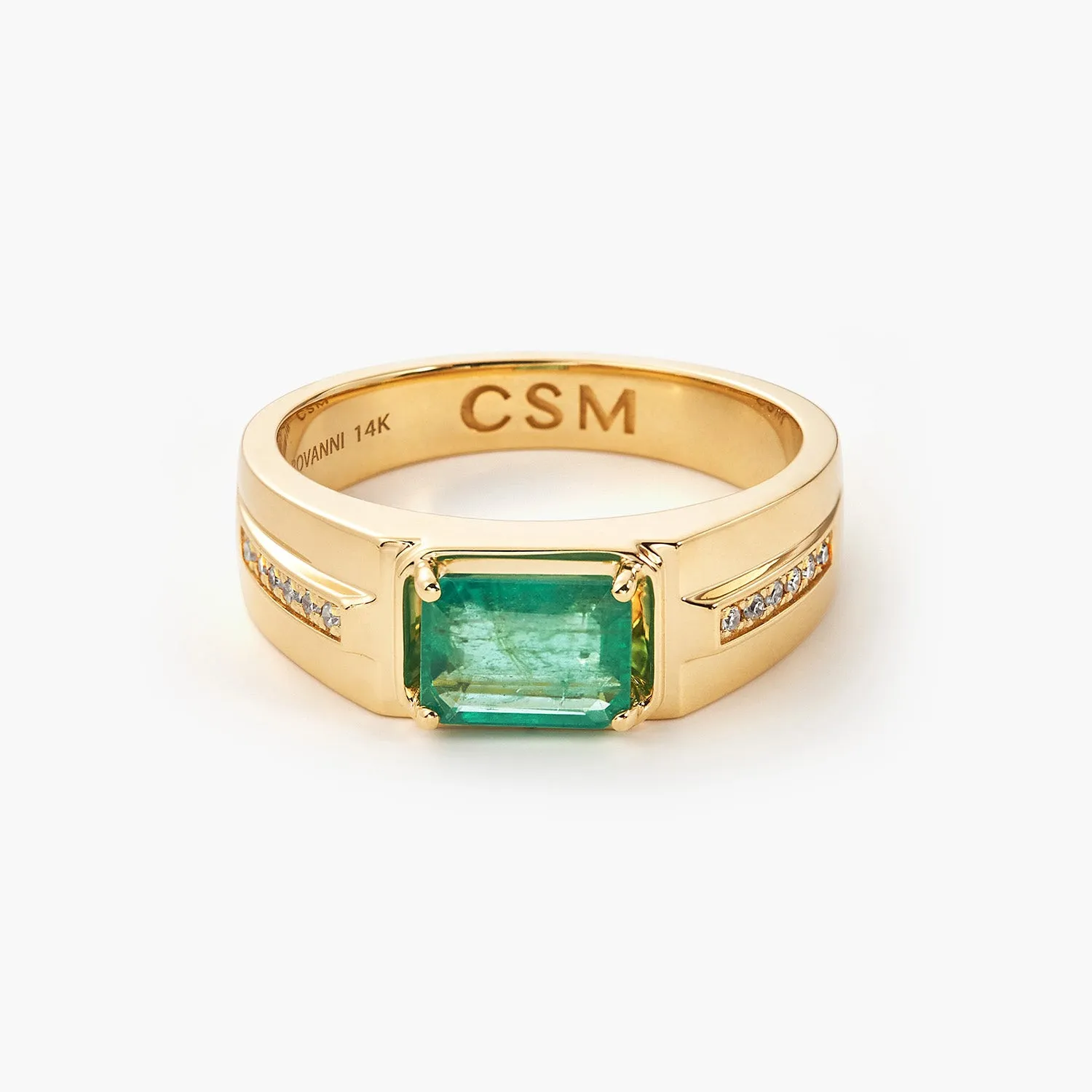Emerald-cut Natural Emerald and Diamond Man's Ring in 14k Yellow Gold