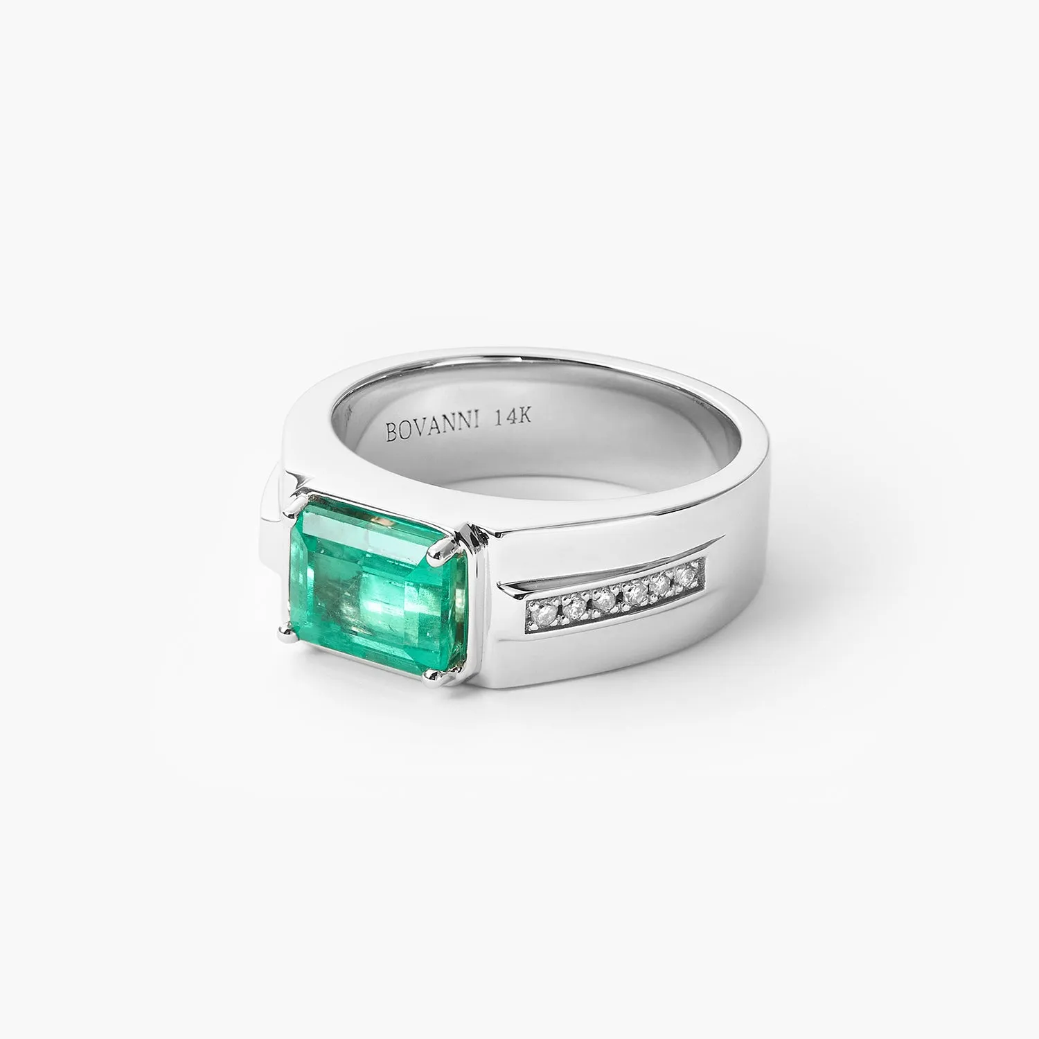 Emerald-cut Natural Emerald and Diamond Man's Ring in 14k Yellow Gold