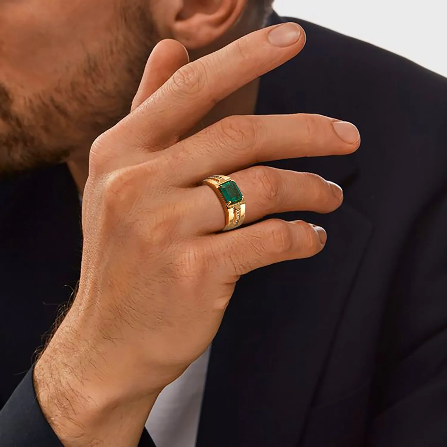 Emerald-cut Natural Emerald and Diamond Man's Ring in 14k Yellow Gold
