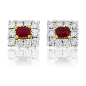 Emerald-Cut Red Emerald and Diamond Halo Stud Earrings