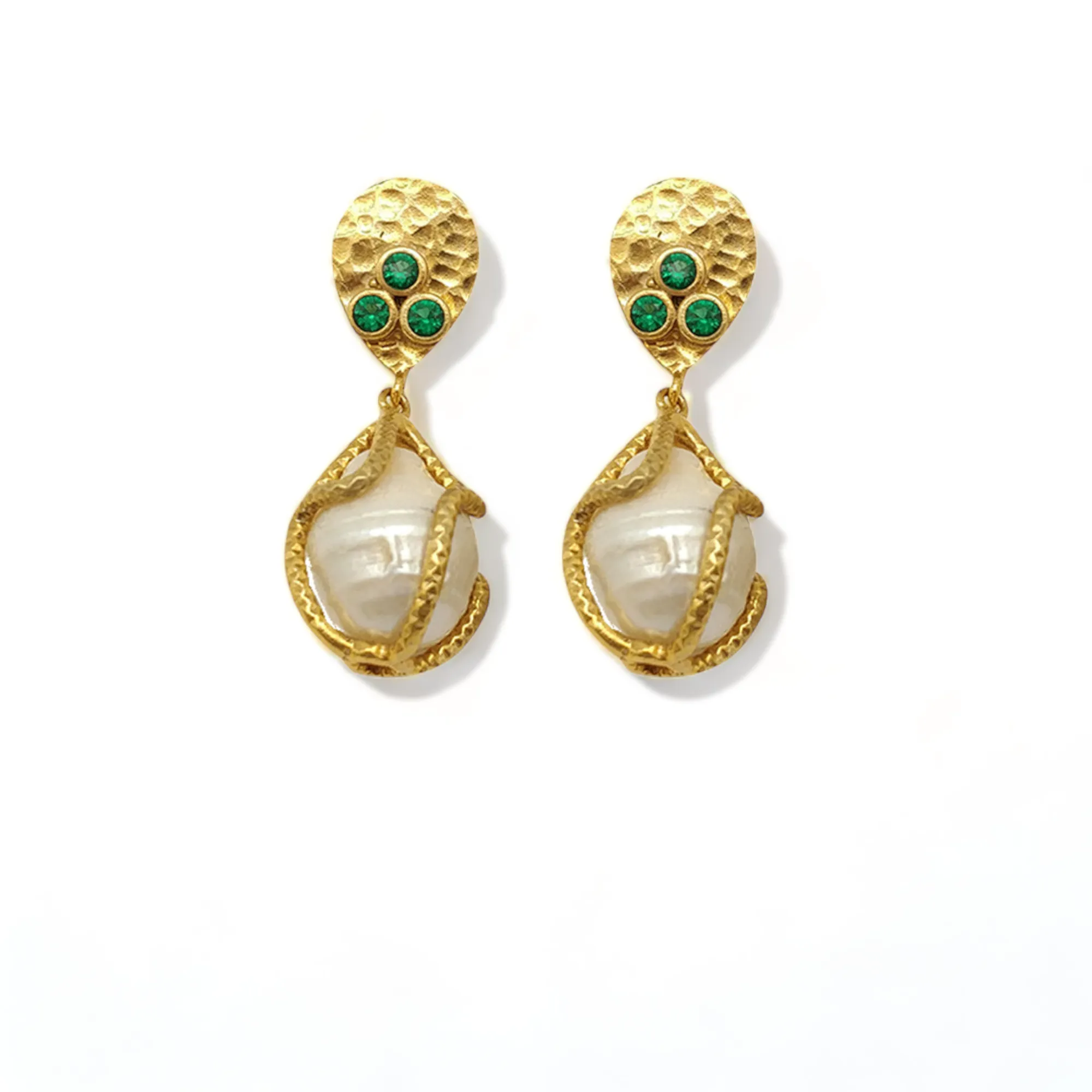 Emerald CZ & Pearl Earrings | Handmade Gold-Plated Jewelry