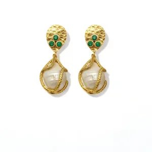 Emerald CZ & Pearl Earrings | Handmade Gold-Plated Jewelry