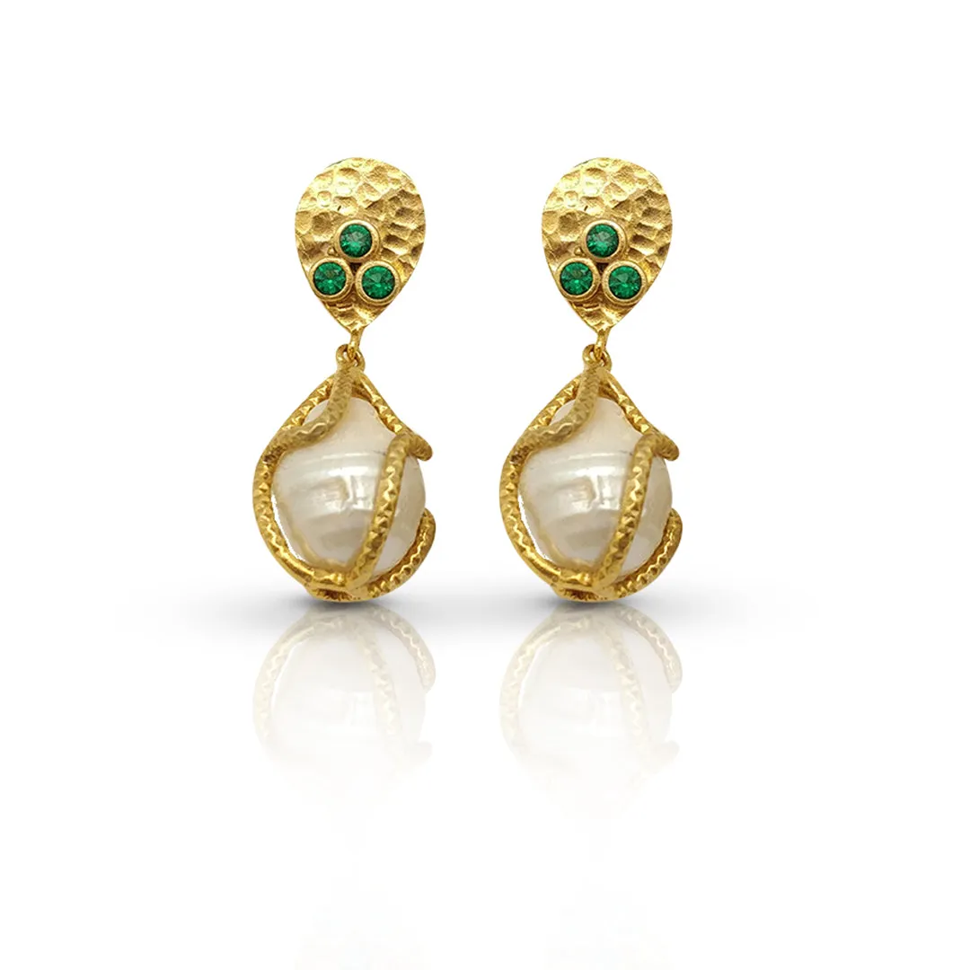 Emerald CZ & Pearl Earrings | Handmade Gold-Plated Jewelry