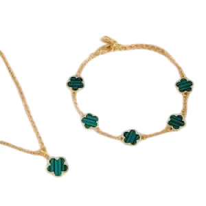 Emerald Green Clover Design Set, Bracelet With Matching Necklace