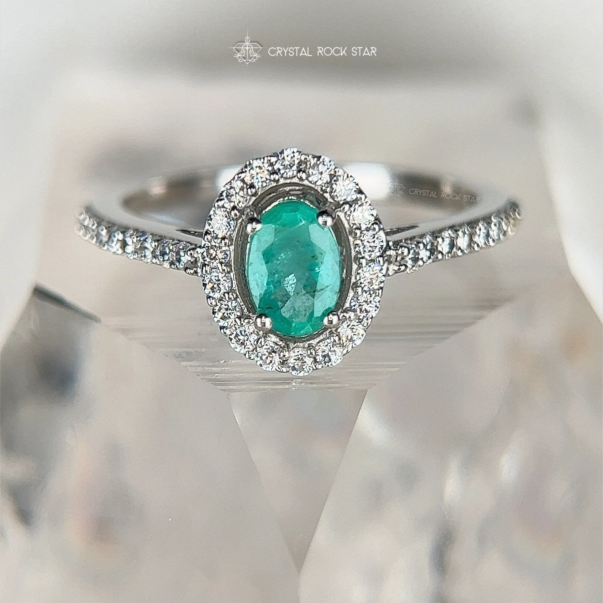 Emerald Halo Sterling Silver Pave Ring Size 7