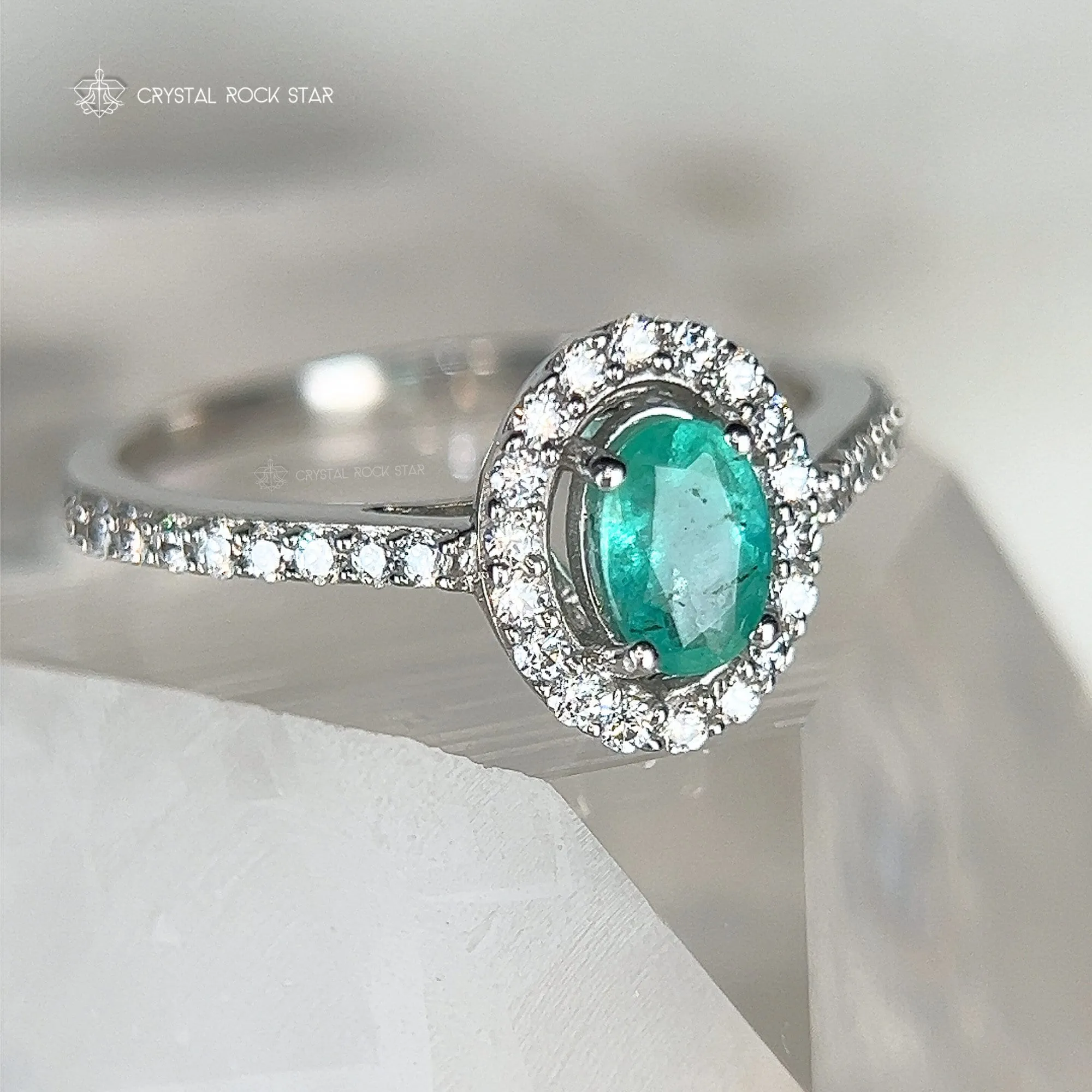 Emerald Halo Sterling Silver Pave Ring Size 7