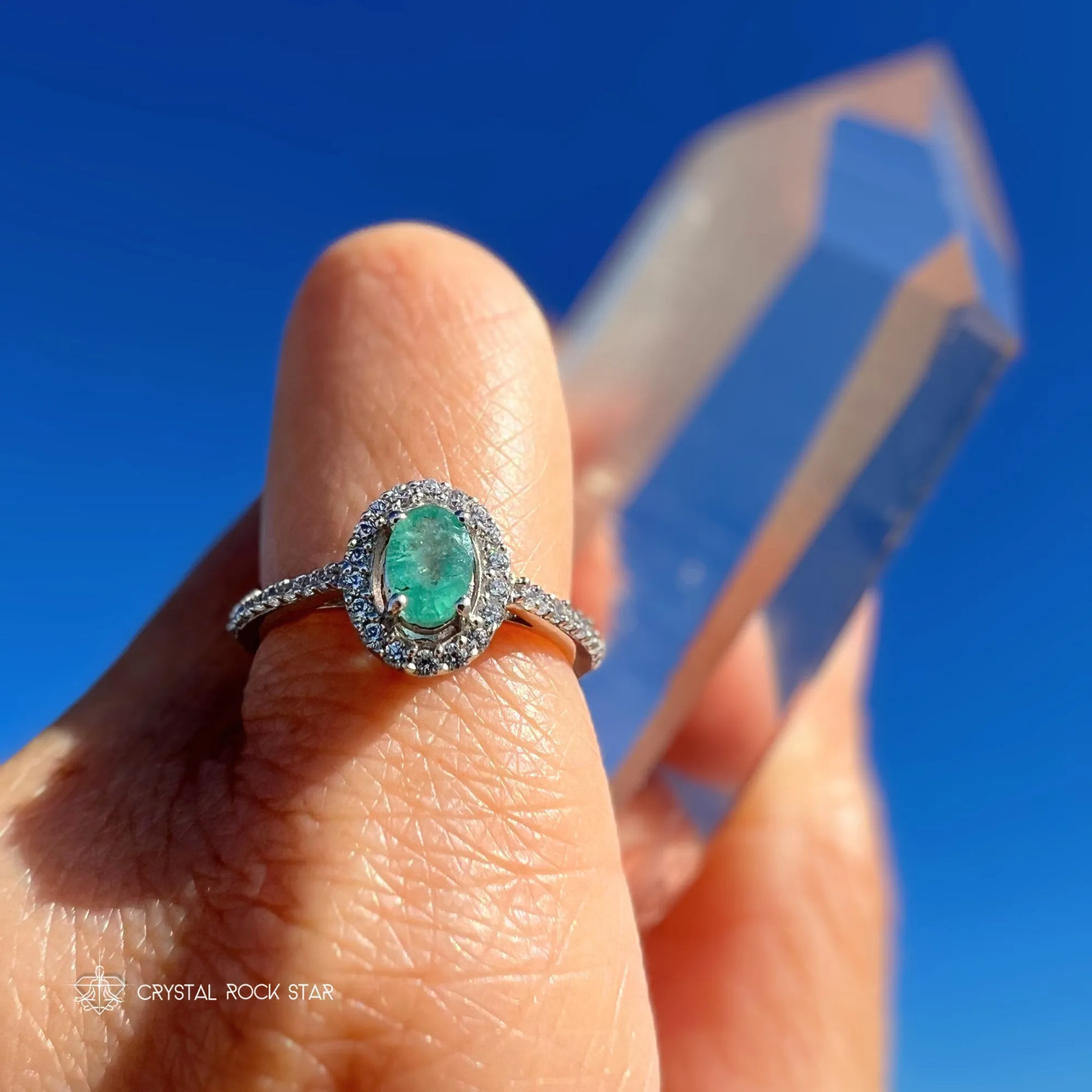 Emerald Halo Sterling Silver Pave Ring Size 7