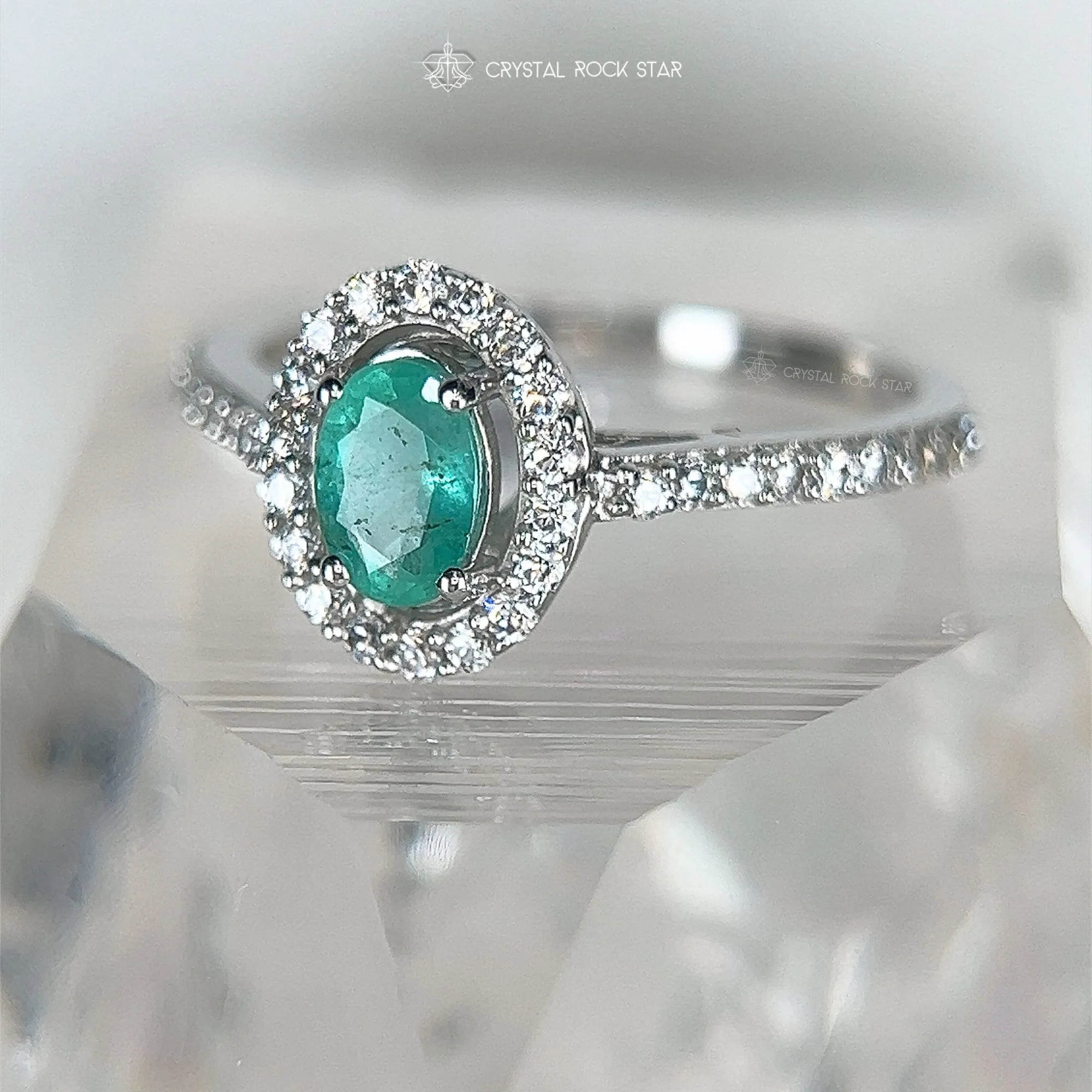 Emerald Halo Sterling Silver Pave Ring Size 7
