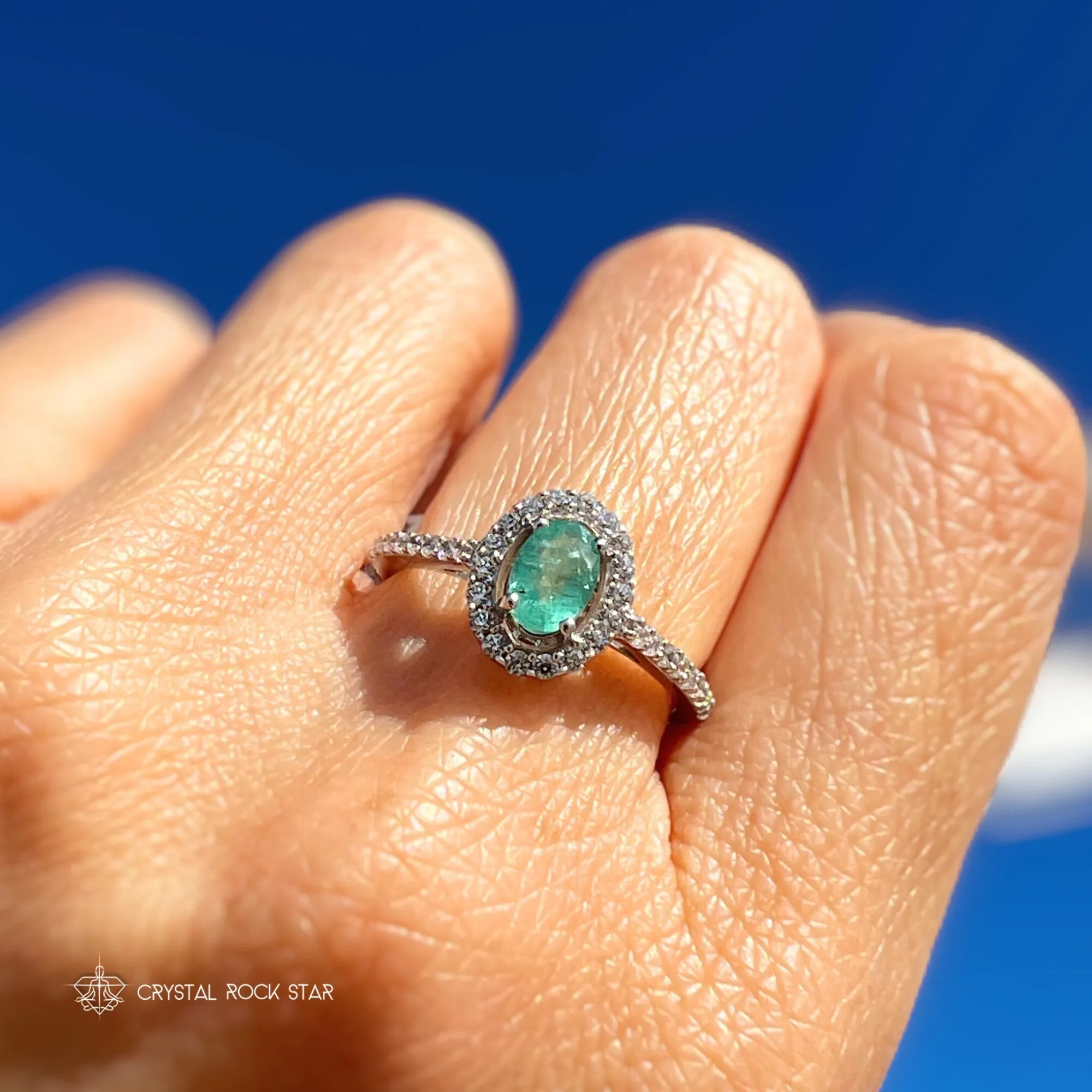 Emerald Halo Sterling Silver Pave Ring Size 7