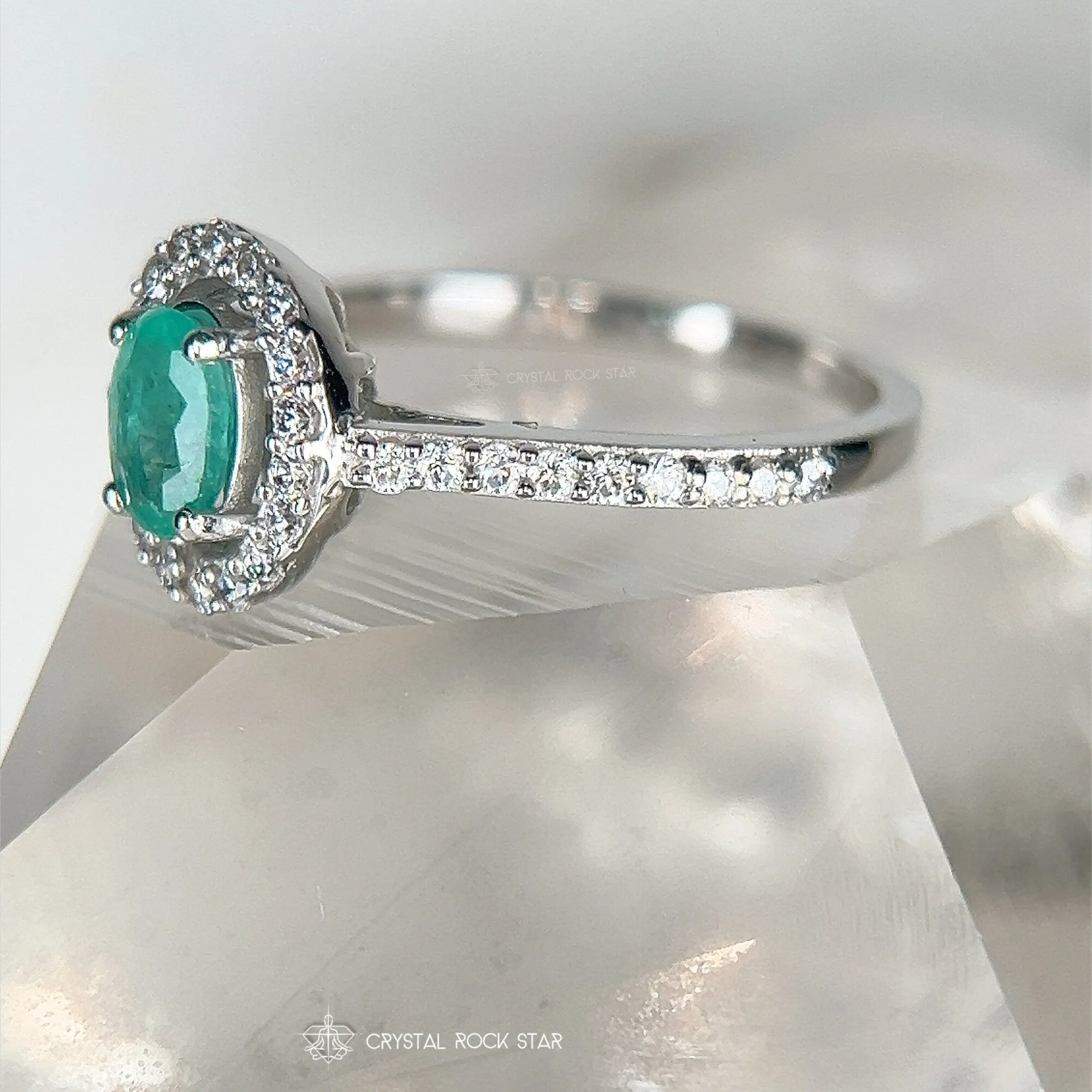 Emerald Halo Sterling Silver Pave Ring Size 7
