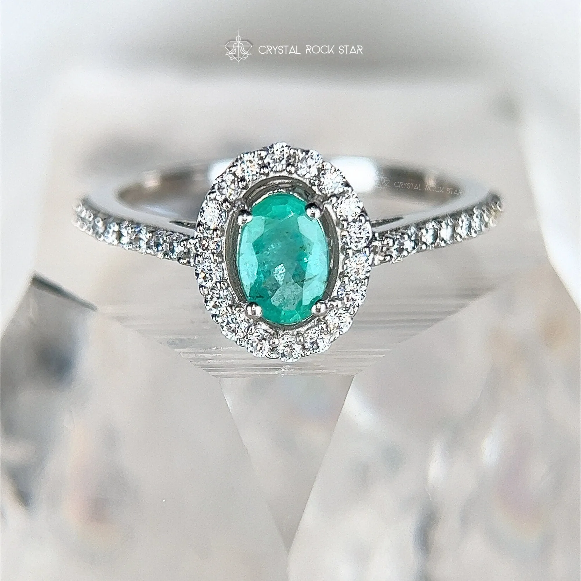 Emerald Halo Sterling Silver Pave Ring Size 7