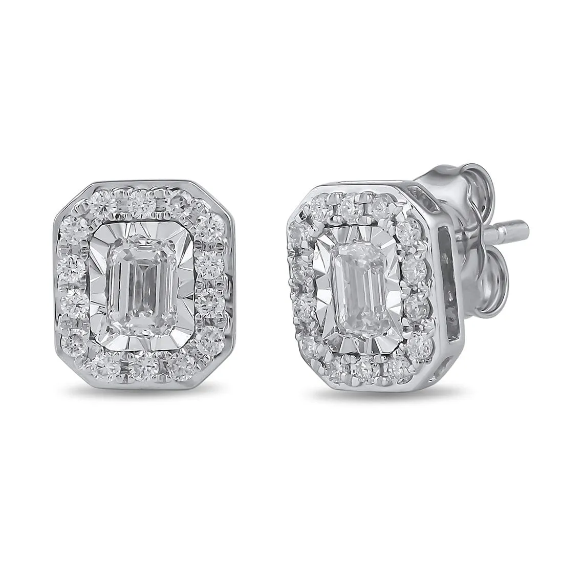 Emerald Solitaire and Halo Stud Earrings with 1/2ct of Laboratory Grown Diamonds in 9ct White Gold