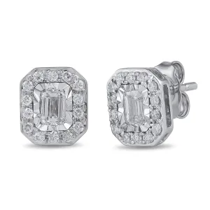 Emerald Solitaire and Halo Stud Earrings with 1/2ct of Laboratory Grown Diamonds in 9ct White Gold