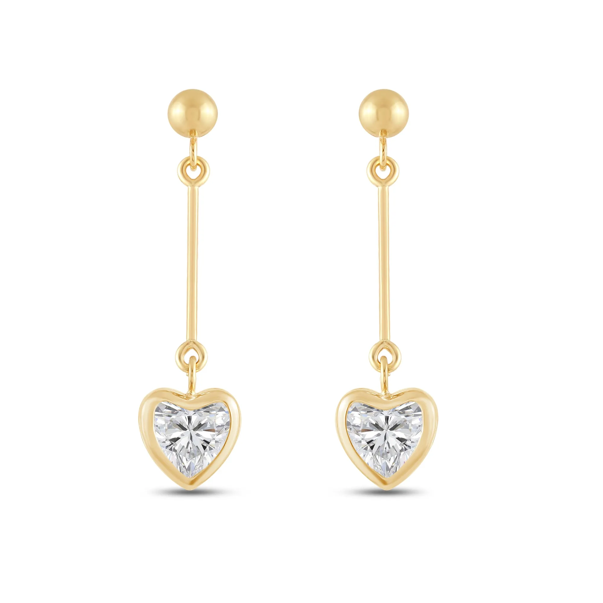 Everyday Elegance 14K Yellow Gold Bar Earrings | Heart Cubic Zirconia Ball Drops 1 CT (6mm) | With Gift Box