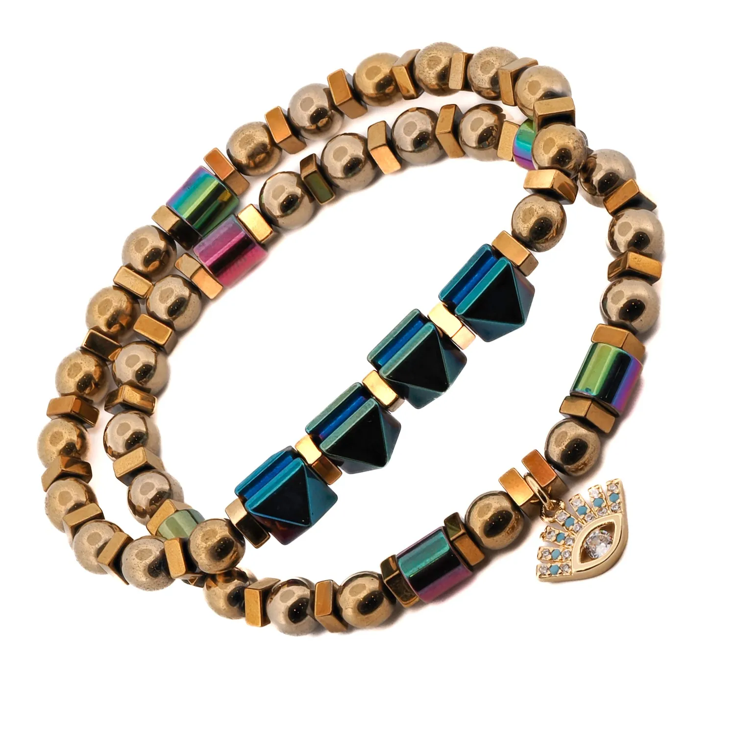 Evil Eye Charm Fashion Style Hematite Beaded Bracelet Set