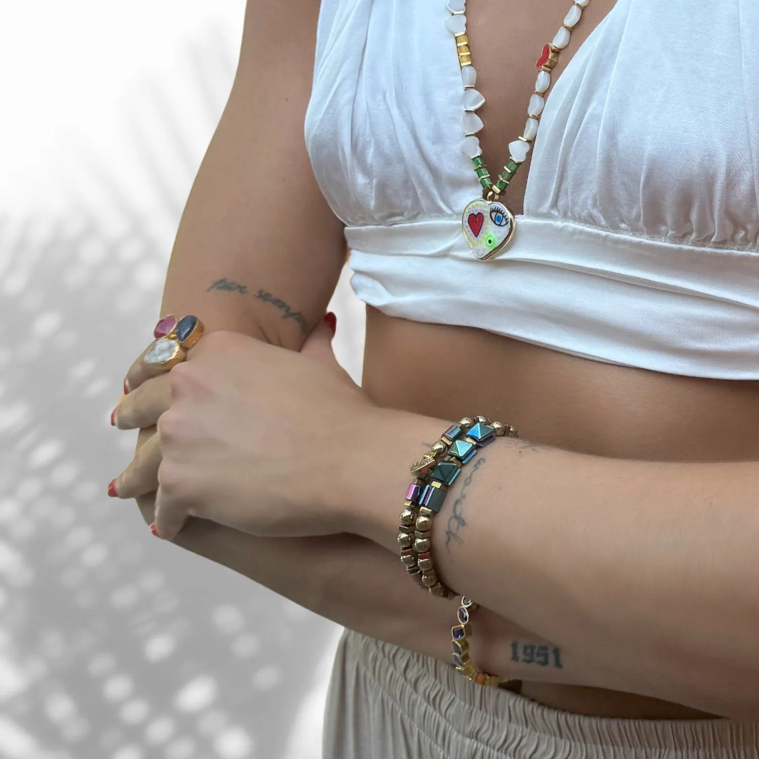 Evil Eye Charm Fashion Style Hematite Beaded Bracelet Set
