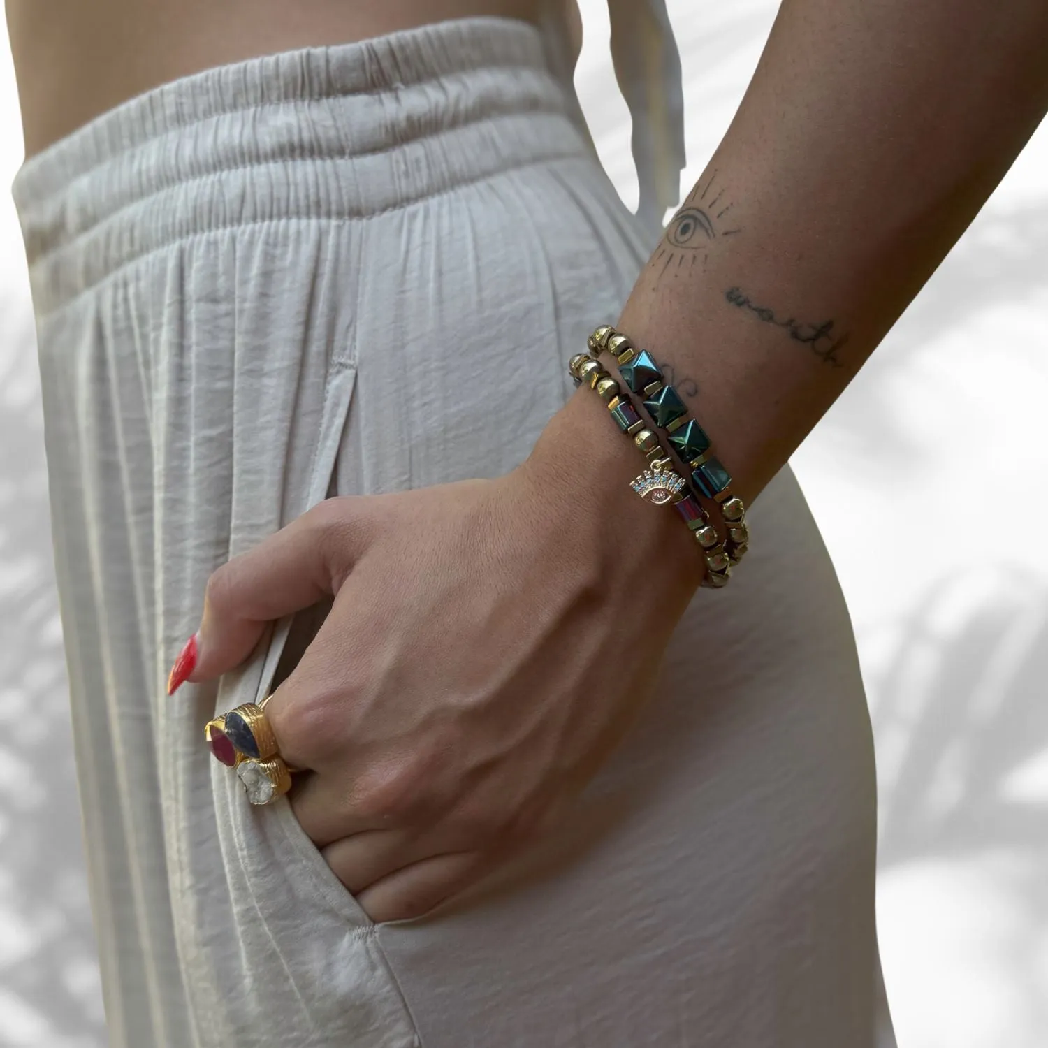 Evil Eye Charm Fashion Style Hematite Beaded Bracelet Set