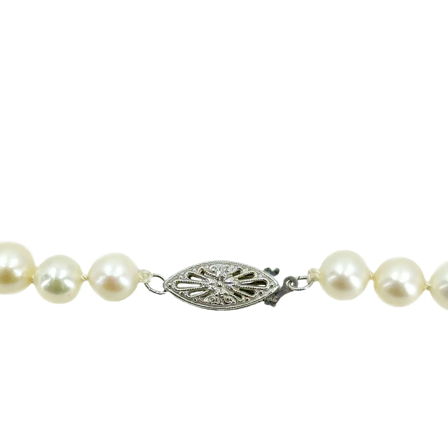 Filigree Opera Mid-Century Japanese Saltwater Cultured Akoya Pearl Vintage Necklace Strand - 14K White Gold 32.50 Inch