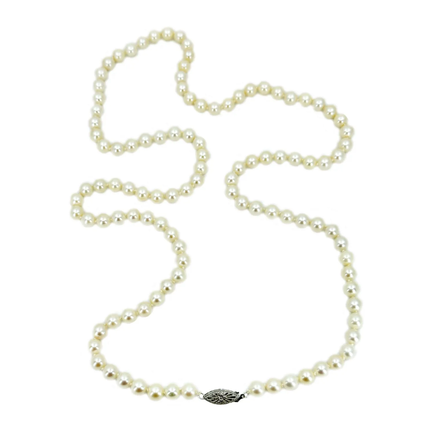 Filigree Opera Mid-Century Japanese Saltwater Cultured Akoya Pearl Vintage Necklace Strand - 14K White Gold 32.50 Inch