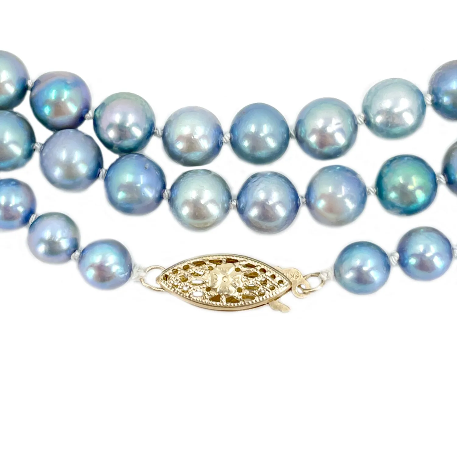 Flapper Blue Japanese Saltwater Akoya Cultured Pearl Opera Graduated Vintage Necklace - 14K Yellow Gold 49 Inch