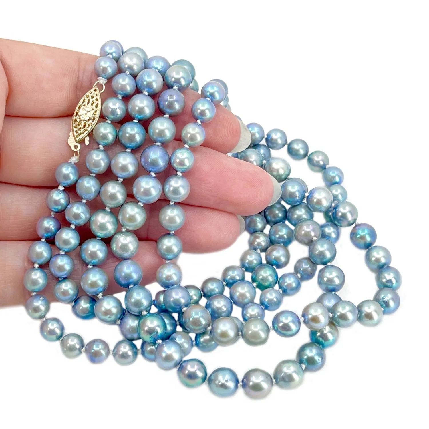Flapper Blue Japanese Saltwater Akoya Cultured Pearl Opera Graduated Vintage Necklace - 14K Yellow Gold 49 Inch