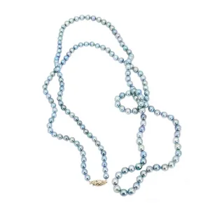 Flapper Blue Japanese Saltwater Akoya Cultured Pearl Opera Graduated Vintage Necklace - 14K Yellow Gold 49 Inch