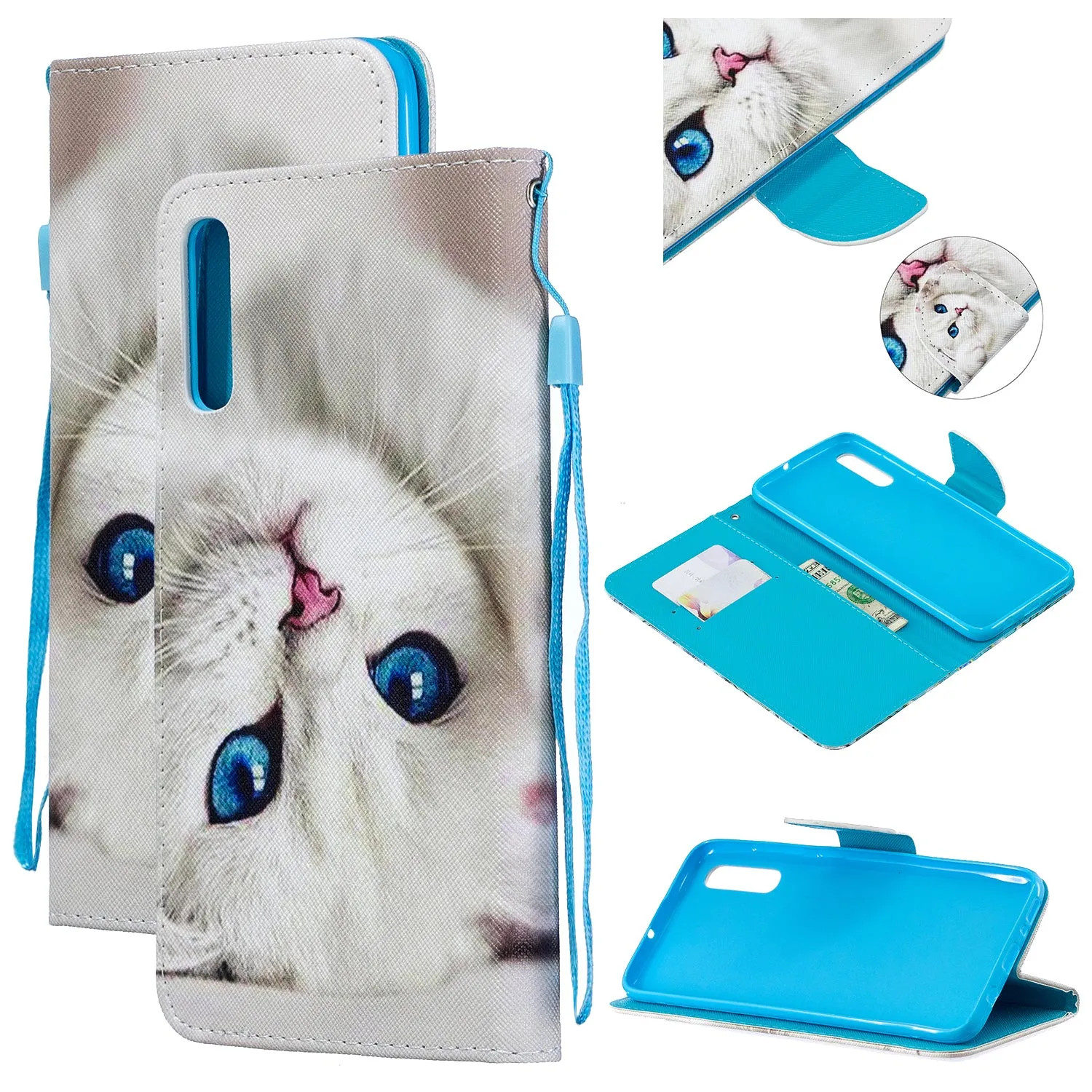 For Samsung A50/A70 Smartphone Case Overall Protective Phone Shell Lovely PU Leather Cellphone Cover with Card Slots  Blue eyes cat
