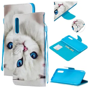 For Samsung A50/A70 Smartphone Case Overall Protective Phone Shell Lovely PU Leather Cellphone Cover with Card Slots  Blue eyes cat