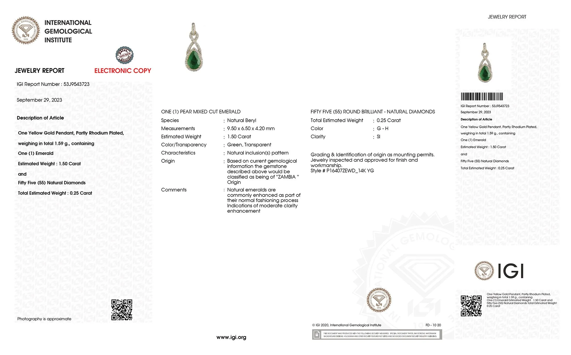 Genuine Zambian Emerald and White Diamond 14K Gold Crossover Pendant
