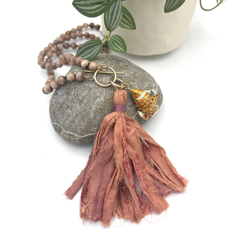Gold Fish Pendant Peach Moonstone Necklace