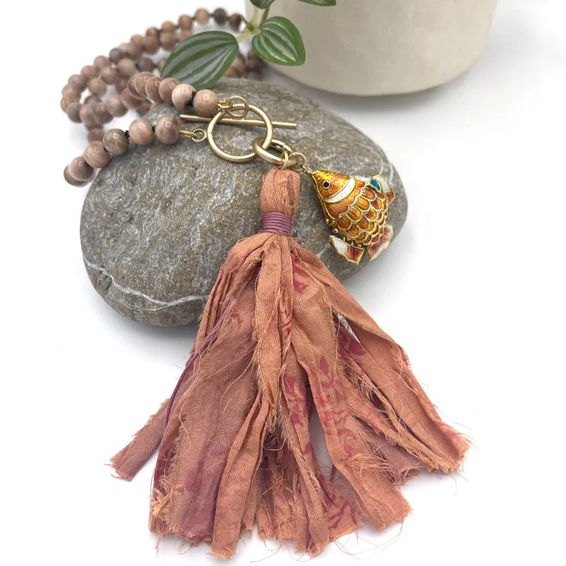 Gold Fish Pendant Peach Moonstone Necklace