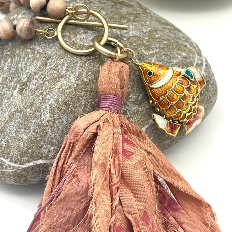 Gold Fish Pendant Peach Moonstone Necklace