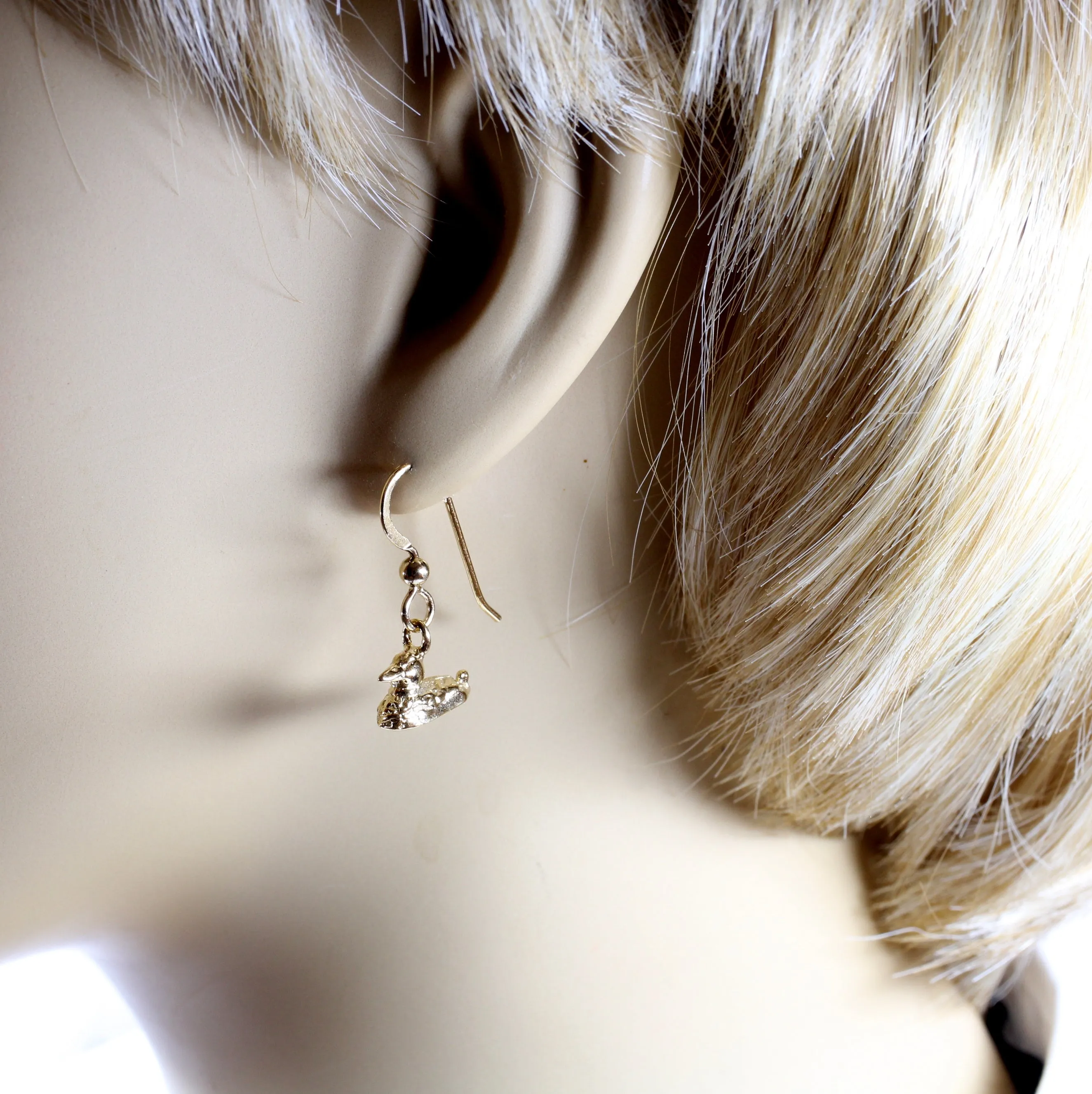 Gold Mallard Duck Dangle Earrings for her made in 14kt gold vermeil