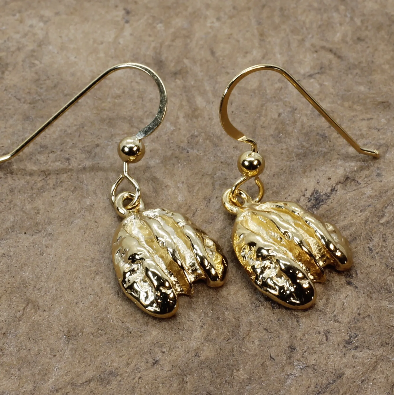 Gold Pecan Earrings Dangling on French Wires with Small Size Pecans