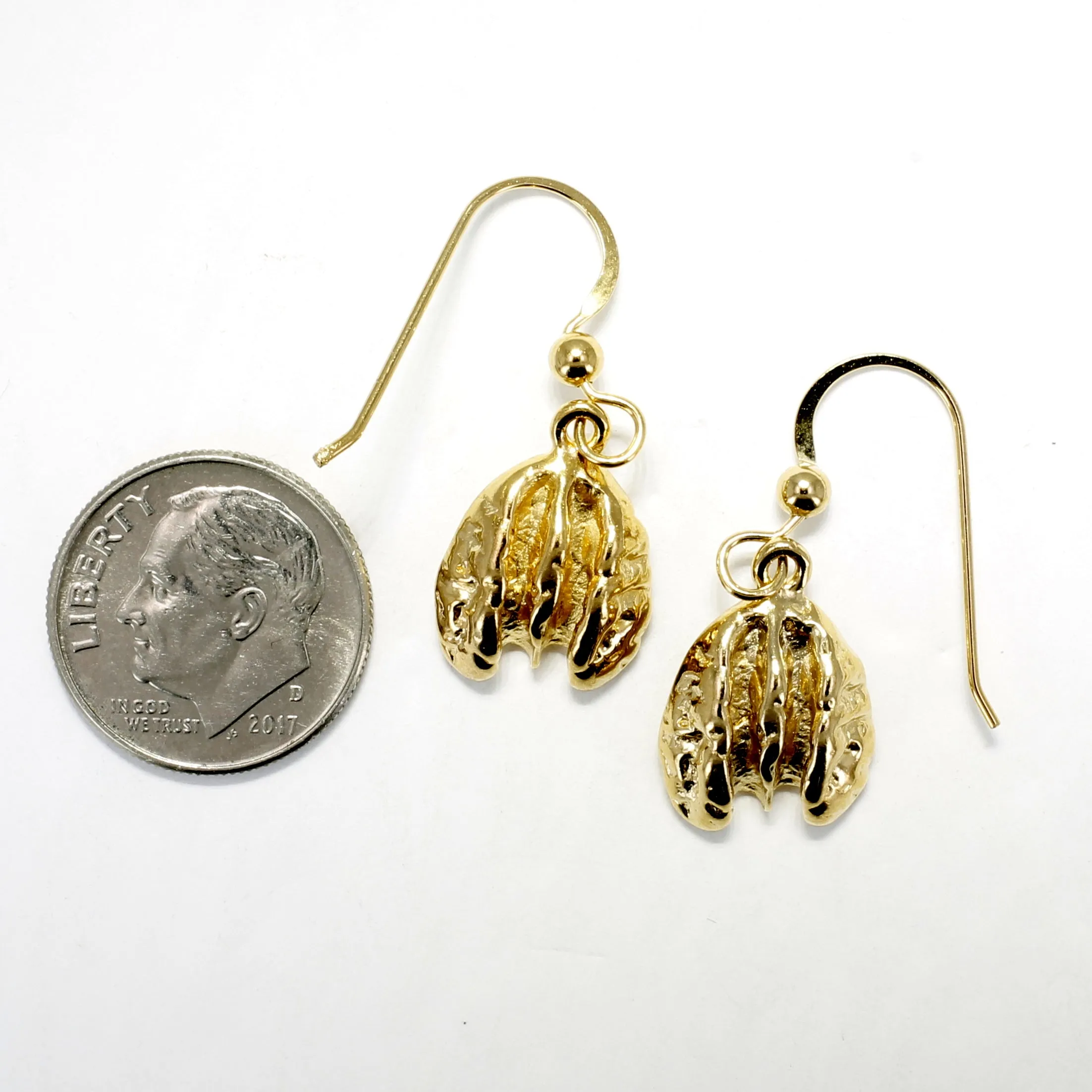 Gold Pecan Earrings Dangling on French Wires with Small Size Pecans