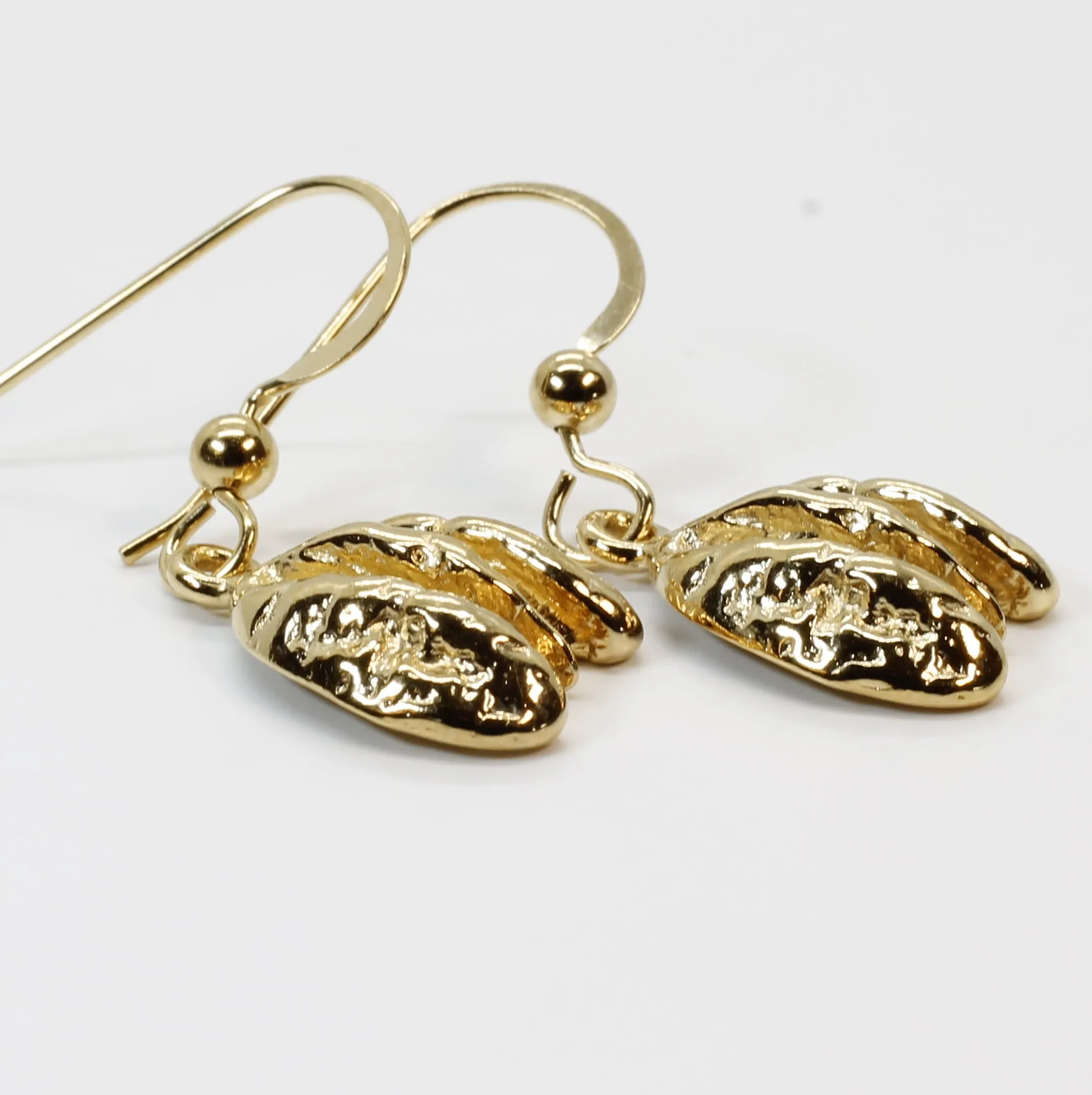 Gold Pecan Earrings Dangling on French Wires with Small Size Pecans