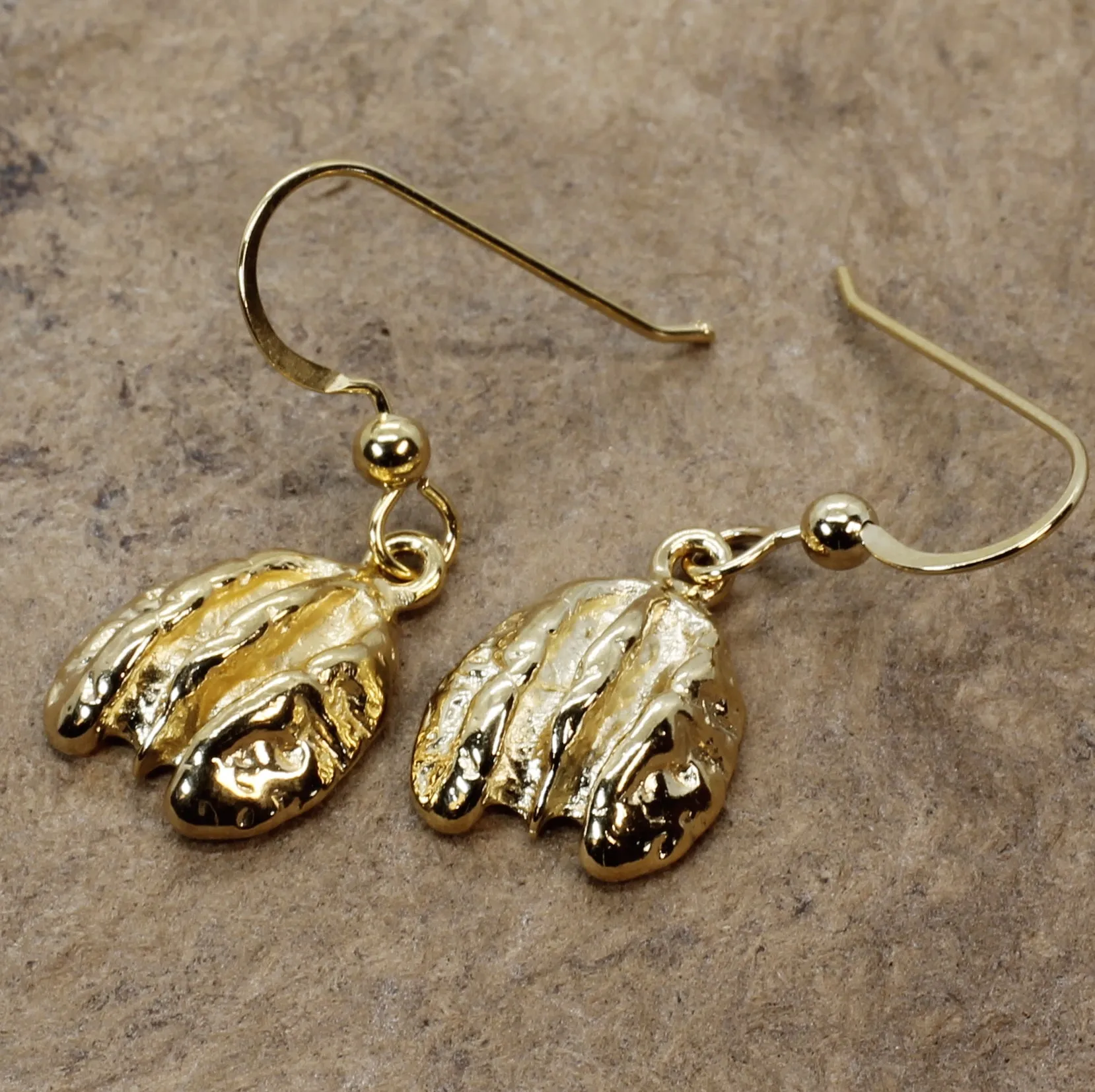 Gold Pecan Earrings Dangling on French Wires with Small Size Pecans