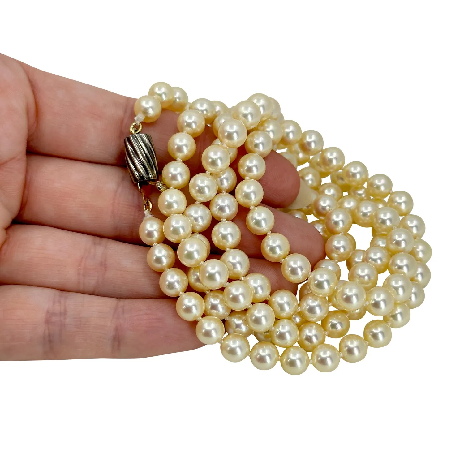 Golden Cream Vintage Japanese Saltwater Akoya Cultured Pearl Opera Necklace - Sterling Silver 35 Inch